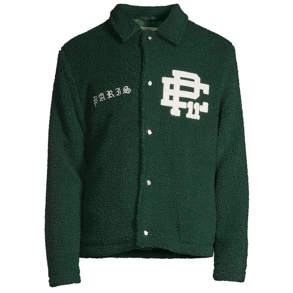 ELEVEN PARIS Embroidered Sherpa Snap Front Varsity Jacket in Fir Green, Size M - Picture 1 of 8